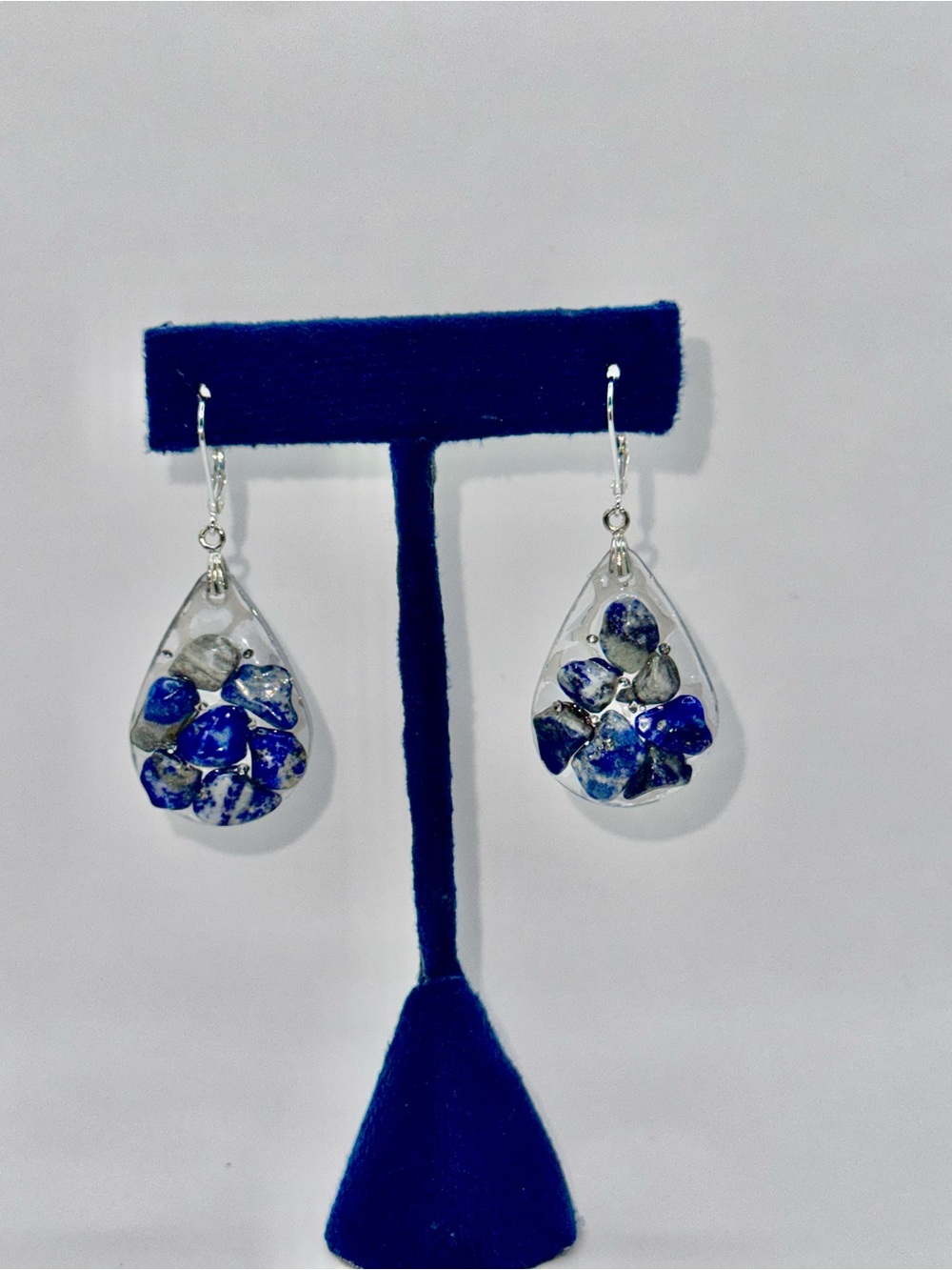 Handmade Blue Teardrop Resin Earrings with Stone Inlay